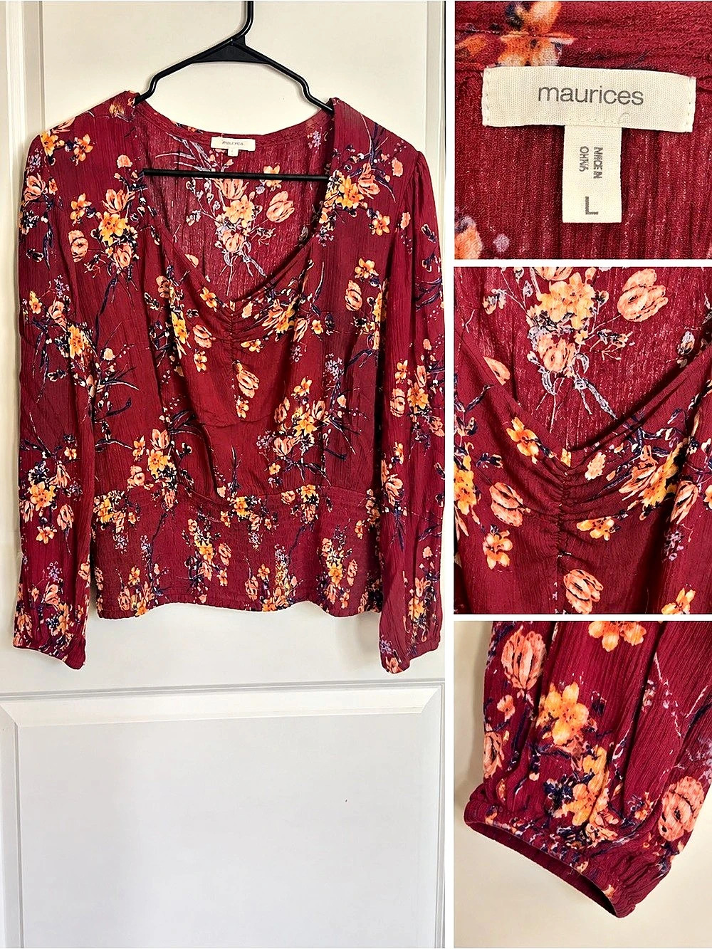 maurices Floral Long Sleeve Blouse Red & Orange Large